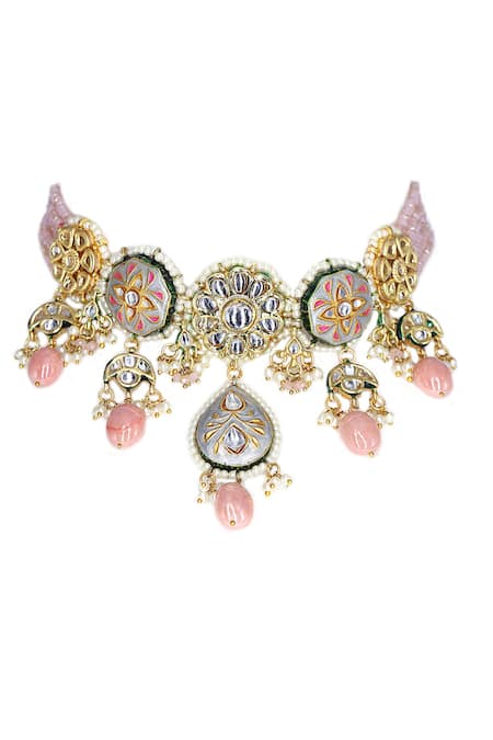 Shop Tad Accessories Gray Stones, Beads Embellished Choker And Earring Set at Aza Fashions Shop_Tad Accessories_Gray Stones, Beads Embellished Choker And Earring Set _at_Aza_Fashions