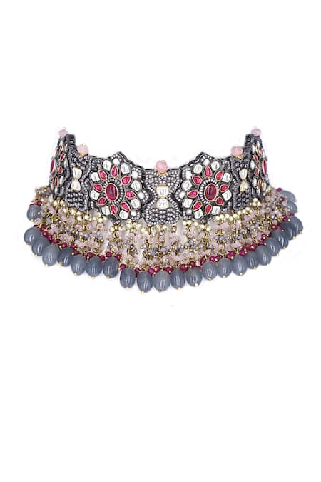 Shop Tad Accessories Red Stones, Beads Kundan Embellished Choker Set at Aza Fashions Shop_Tad Accessories_Red Stones, Beads Kundan Embellished Choker Set _at_Aza_Fashions