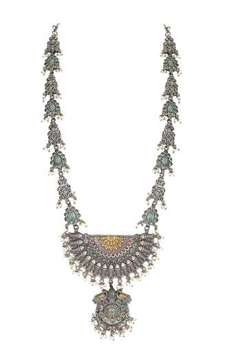 Buy_Tad Accessories_Silver Plated Beads, Zari Kundan Pendant Necklace Set_Online_at_Aza_Fashions