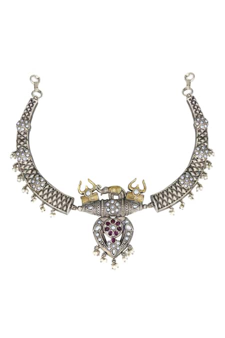 Tad Accessories Silver Plated Beads Kundan Elephant Pendant Necklace Set Online at Aza Fashions Tad Accessories_Silver Plated Beads Kundan Elephant Pendant Necklace Set _Online_at_Aza_Fashions