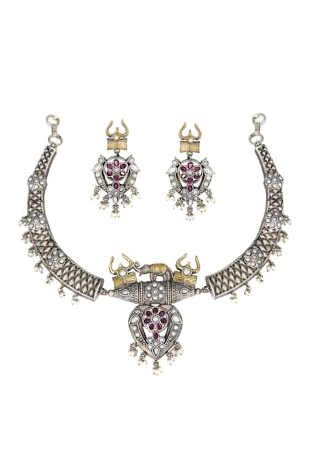 Shop Tad Accessories Silver Plated Beads Kundan Elephant Pendant Necklace Set at Aza Fashions Shop_Tad Accessories_Silver Plated Beads Kundan Elephant Pendant Necklace Set _at_Aza_Fashions