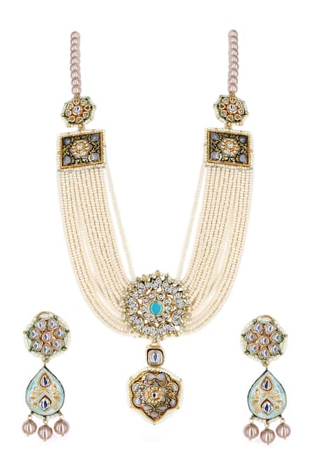 Shop Tad Accessories Blue Stones, Beads, Zari Embellished Pendant Necklace Set at Aza Fashions Shop_Tad Accessories_Blue Stones, Beads, Zari Embellished Pendant Necklace Set _at_Aza_Fashions