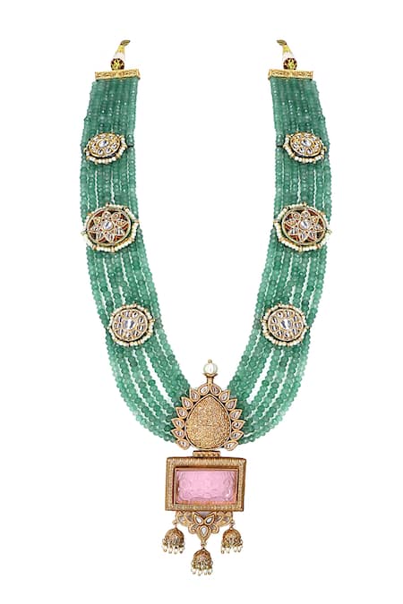 Shop Tad Accessories Green Kundan Tear Drop Pendant Necklace at Aza Fashions Shop_Tad Accessories_Green Kundan Tear Drop Pendant Necklace _at_Aza_Fashions