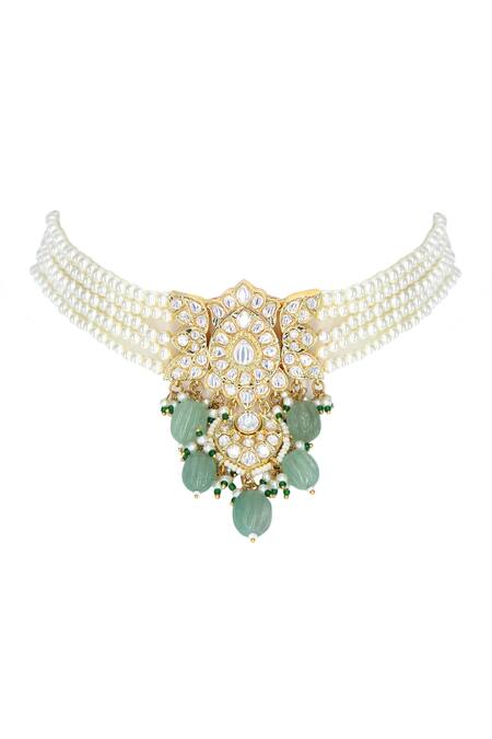 Tad Accessories_White Stones, Beads, Zari Kundan And Studded Choker Set_Online_at_Aza_Fashions