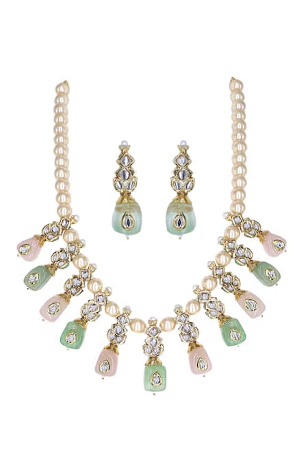 Shop_Tad Accessories_Multi Color Stones, Beads Kundan Necklace Set _at_Aza_Fashions