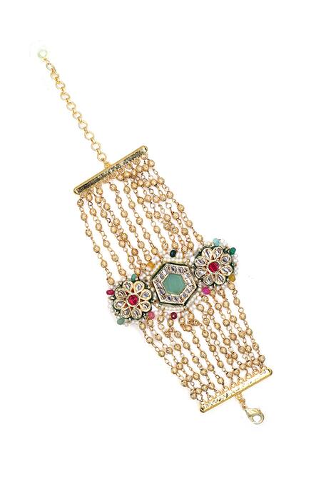 Shop Tad Accessories Red Stones, Pearls Mogra Floral Kundan Bracelet at Aza Fashions Shop_Tad Accessories_Red Stones, Pearls Mogra Floral Kundan Bracelet_at_Aza_Fashions