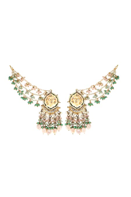 Shop Tad Accessories Green Beads, Zari Kundan Embellished Earchain Earrings at Aza Fashions Shop_Tad Accessories_Green Beads, Zari Kundan Embellished Earchain Earrings _at_Aza_Fashions