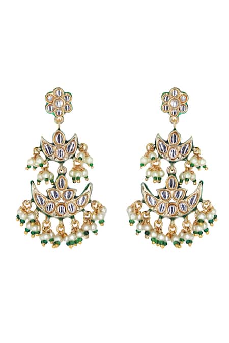 Shop Tad Accessories Gold Plated Gota Patti Kundan Double Chand Earrings at Aza Fashions Shop_Tad Accessories_Gold Plated Gota Patti Kundan Double Chand Earrings _at_Aza_Fashions