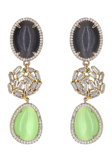 Shop_Tad Accessories_Green Stones Gold Finish Embellished Earrings _at_Aza_Fashions
