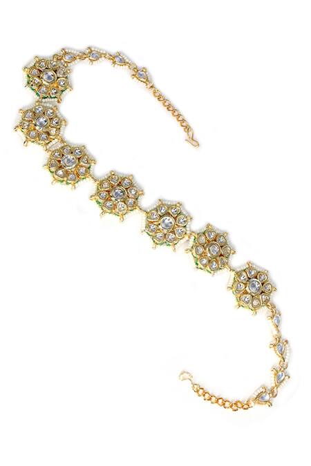 Shop Tad Accessories Gold Plated Floral Kundan Mathapatti at Aza Fashions Shop_Tad Accessories_Gold Plated Floral Kundan Mathapatti _at_Aza_Fashions