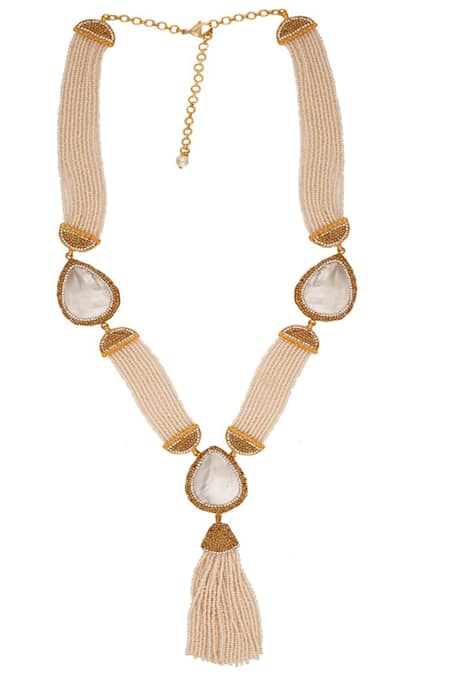 Shop Tad Accessories White Crystals, Pearls Mother Of And Long Necklace at Aza Fashions Shop_Tad Accessories_White Crystals, Pearls Mother Of And Long Necklace _at_Aza_Fashions