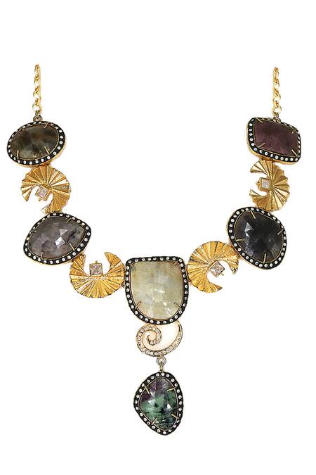 Shop Tad Accessories Multi Color Stones Gold Finish Labronite Necklace at Aza Fashions Shop_Tad Accessories_Multi Color Stones Gold Finish Labronite Necklace _at_Aza_Fashions