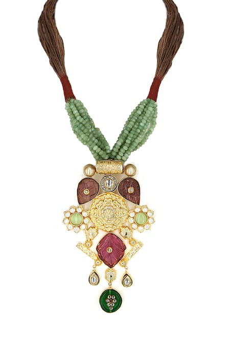 Shop Tad Accessories Green Gold Finish Kundan Stone Pendant Necklace at Aza Fashions Shop_Tad Accessories_Green Gold Finish Kundan Stone Pendant Necklace _at_Aza_Fashions