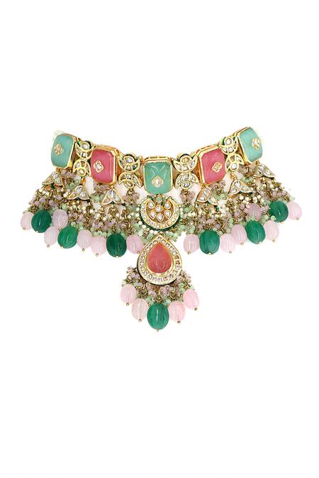 Shop_Tad Accessories_Multi Color Stones Kundan Embellished Necklace Set _Online_at_Aza_Fashions