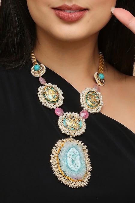 Shop Tad Accessories Blue Designer Kundan And Pearl Necklace Set at Aza Fashions Shop_Tad Accessories_Blue Designer Kundan And Pearl Necklace Set _at_Aza_Fashions