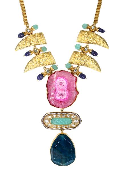 Shop_Tad Accessories_Multi Color Gold Finish Stone Embellished Necklace _at_Aza_Fashions
