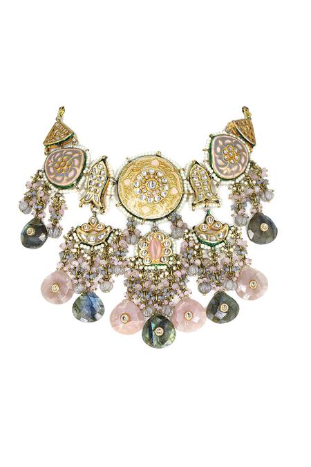 Shop Tad Accessories Multi Color Lace, Stones Kundan Embellished Necklace Set Online at Aza Fashions Shop_Tad Accessories_Multi Color Lace, Stones Kundan Embellished Necklace Set _Online_at_Aza_Fashions