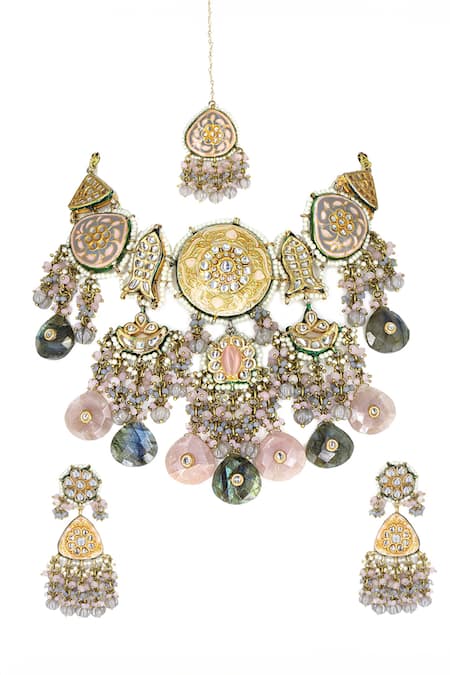 Shop Tad Accessories Multi Color Lace, Stones Kundan Embellished Necklace Set at Aza Fashions Shop_Tad Accessories_Multi Color Lace, Stones Kundan Embellished Necklace Set _at_Aza_Fashions
