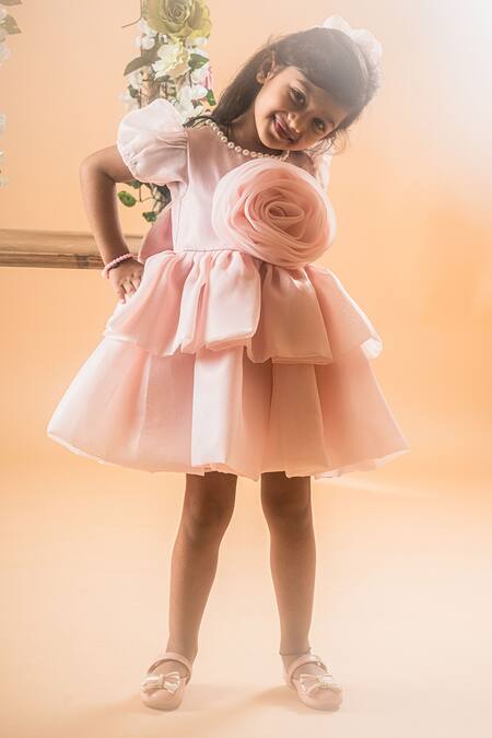 Toplove_Peach Organza Pearls, Fabric Flowers Rose Embellished Layered Dress _Online_at_Aza_Fashions