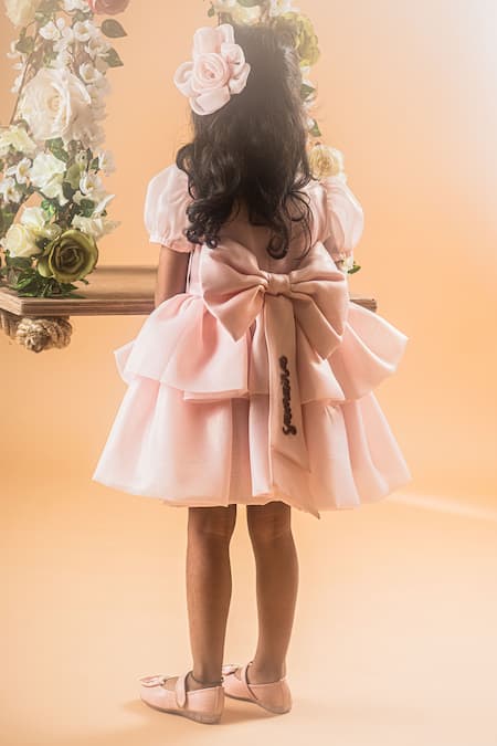 Shop_Toplove_Peach Organza Pearls, Fabric Flowers Rose Embellished Layered Dress _at_Aza_Fashions