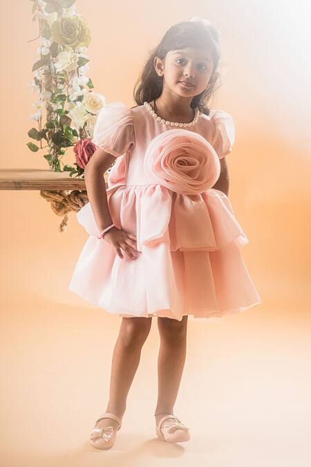 Buy_Toplove_Peach Organza Pearls, Fabric Flowers Rose Embellished Layered Dress _Online_at_Aza_Fashions