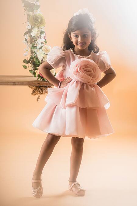Shop_Toplove_Peach Organza Pearls, Fabric Flowers Rose Embellished Layered Dress _Online_at_Aza_Fashions