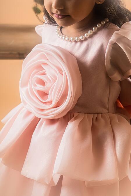 Toplove_Peach Organza Pearls, Fabric Flowers Rose Embellished Layered Dress _at_Aza_Fashions