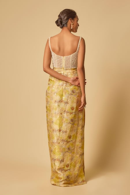 Masumi Mewawalla Floral Applique Brocade Draped Gown 