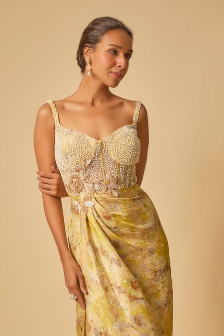 Shop_Masumi Mewawalla_Yellow Brocade, Tulle, Linen Beads, Applique Sweetheart Floral Draped Gown _Online_at_Aza_Fashions