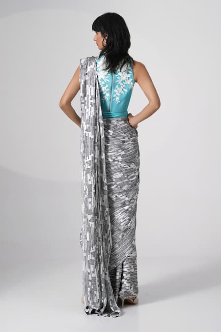 Madder Much Abstract Print Saree Set With Floral Blouse 