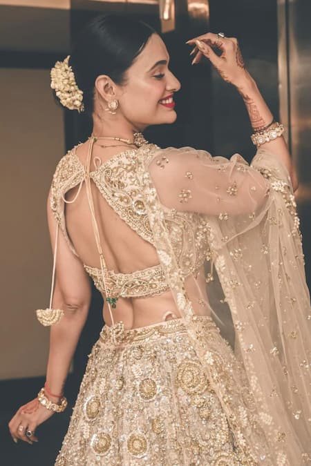 Ruchika Hurria Ivory Silk, Net Pearls, Sequins, Cut Embroidered Bridal Lehenga With Blouse Set at Aza Fashions Ruchika Hurria_Ivory Silk, Net Pearls, Sequins, Cut Embroidered Bridal Lehenga With Blouse Set _at_Aza_Fashions