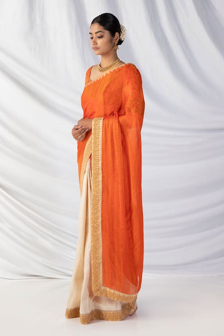 Latha Puttanna_Orange Silk, Tissue Diamonds, Zari, Designer Two Toned Saree With Blouse_Online_at_Aza_Fashions