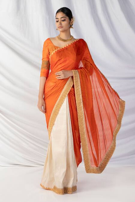 Buy_Latha Puttanna_Orange Silk, Tissue Diamonds, Zari, Designer Two Toned Saree With Blouse_Online_at_Aza_Fashions