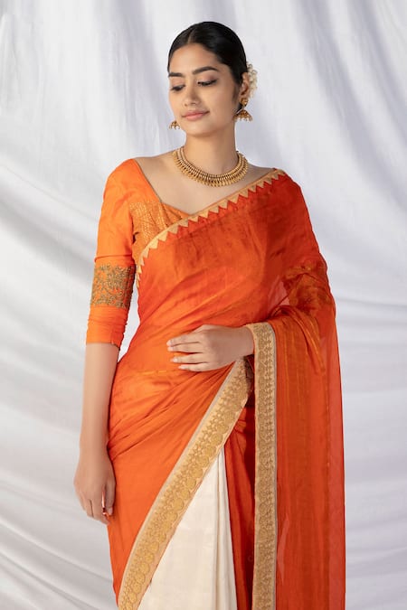 Shop_Latha Puttanna_Orange Silk, Tissue Diamonds, Zari, Designer Two Toned Saree With Blouse_Online_at_Aza_Fashions