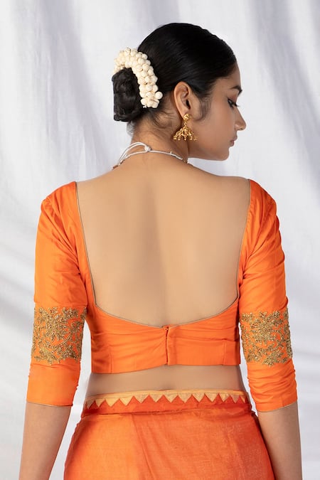 Latha Puttanna_Orange Silk, Tissue Diamonds, Zari, Designer Two Toned Saree With Blouse_at_Aza_Fashions
