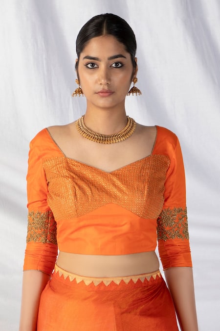 Buy_Latha Puttanna_Orange Silk, Tissue Diamonds, Zari, Designer Two Toned Saree With Blouse