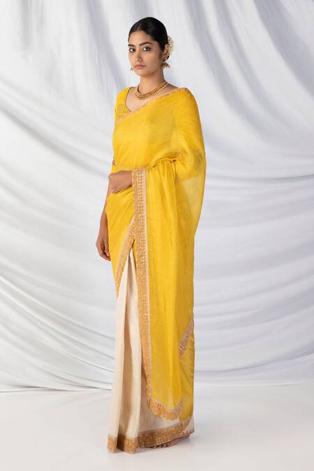 Latha Puttanna_Yellow Silk, Cotton Zari, Embroidery, Diamonds Pineapple Two Toned Saree Set_Online_at_Aza_Fashions