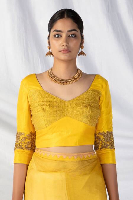 Buy_Latha Puttanna_Yellow Silk, Cotton Zari, Embroidery, Diamonds Pineapple Two Toned Saree Set_Online_at_Aza_Fashions