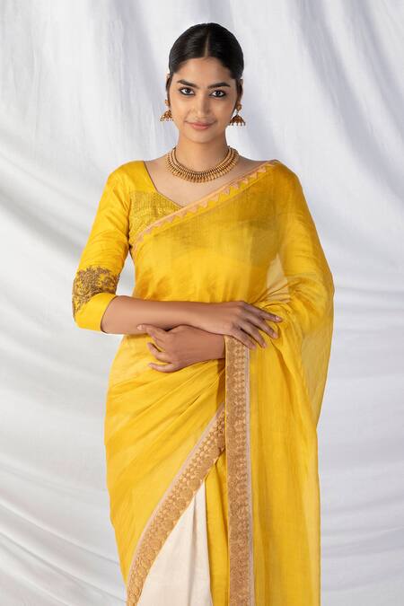 Shop_Latha Puttanna_Yellow Silk, Cotton Zari, Embroidery, Diamonds Pineapple Two Toned Saree Set_Online_at_Aza_Fashions