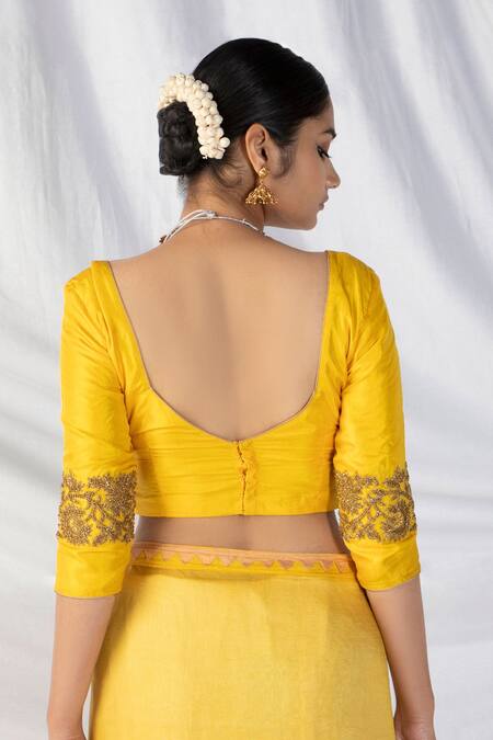 Latha Puttanna_Yellow Silk, Cotton Zari, Embroidery, Diamonds Pineapple Two Toned Saree Set_at_Aza_Fashions