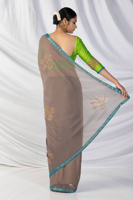Shop Latha Puttanna Green Georgette, Silk Diamonds, Sequins, Embroidery, Flora Grey Saree And Blouse at Aza Fashions Shop_Latha Puttanna_Green Georgette, Silk Diamonds, Sequins, Embroidery, Flora Grey Saree And Blouse_at_Aza_Fashions