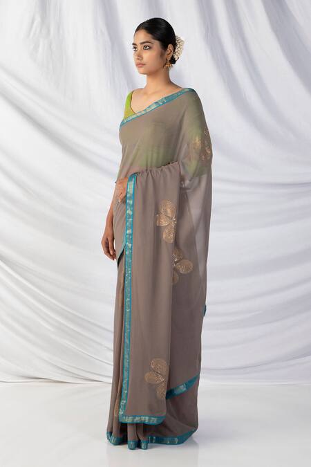 Latha Puttanna Green Georgette, Silk Diamonds, Sequins, Embroidery, Flora Grey Saree And Blouse Online at Aza Fashions Latha Puttanna_Green Georgette, Silk Diamonds, Sequins, Embroidery, Flora Grey Saree And Blouse_Online_at_Aza_Fashions