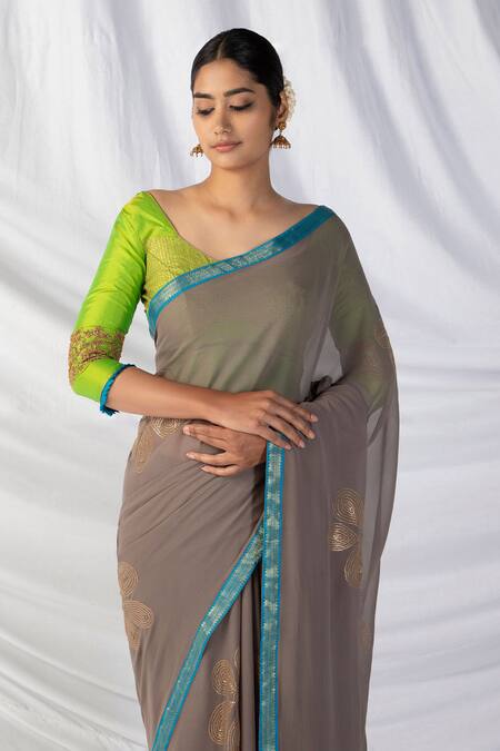 Buy Latha Puttanna Green Georgette, Silk Diamonds, Sequins, Embroidery, Flora Grey Saree And Blouse Online at Aza Fashions Buy_Latha Puttanna_Green Georgette, Silk Diamonds, Sequins, Embroidery, Flora Grey Saree And Blouse_Online_at_Aza_Fashions
