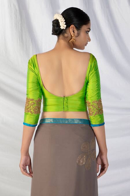 Latha Puttanna Green Georgette, Silk Diamonds, Sequins, Embroidery, Flora Grey Saree And Blouse at Aza Fashions Latha Puttanna_Green Georgette, Silk Diamonds, Sequins, Embroidery, Flora Grey Saree And Blouse_at_Aza_Fashions