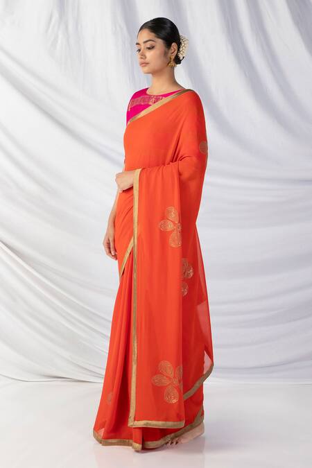 Latha Puttanna_Orange Georgette, Silk Embroidery, Zari, Diamonds, Sequins Saree Set With Blouse_Online_at_Aza_Fashions
