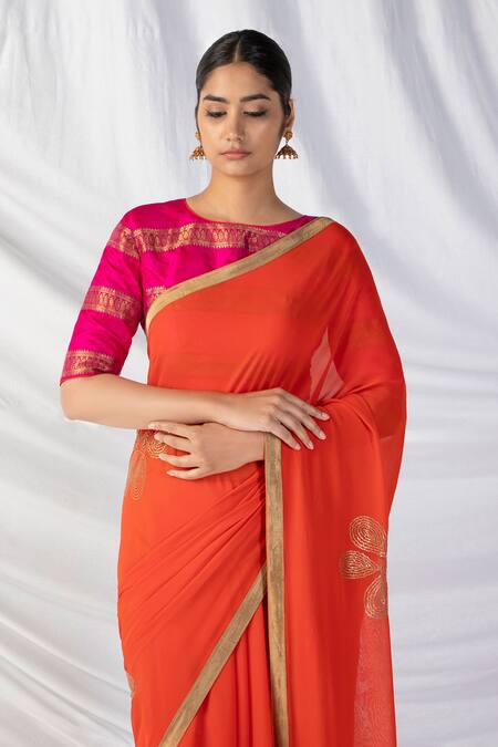Latha Puttanna_Orange Georgette, Silk Embroidery, Zari, Diamonds, Sequins Saree Set With Blouse_at_Aza_Fashions