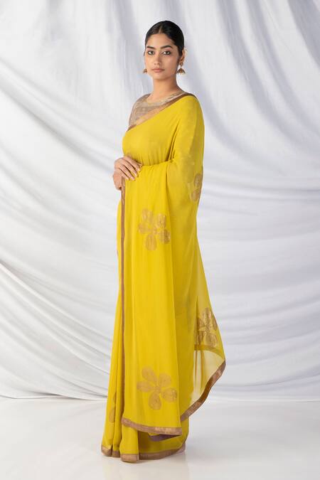 Latha Puttanna_Yellow Georgette, Silk Embroidery, Sequins, Zari, Diamonds Floral Saree Set_Online_at_Aza_Fashions