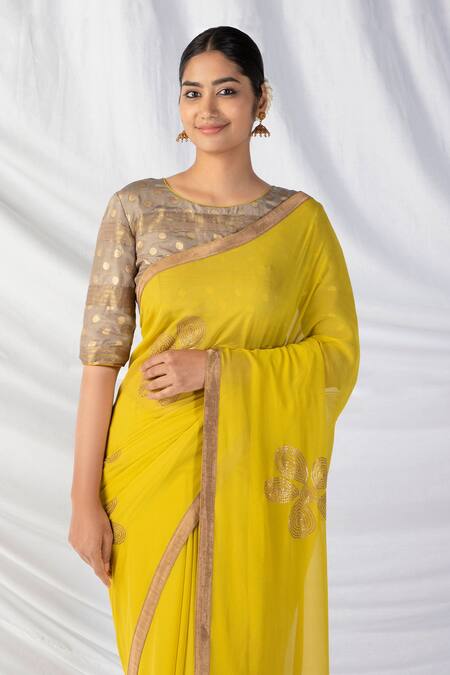 Buy_Latha Puttanna_Yellow Georgette, Silk Embroidery, Sequins, Zari, Diamonds Floral Saree Set_Online_at_Aza_Fashions