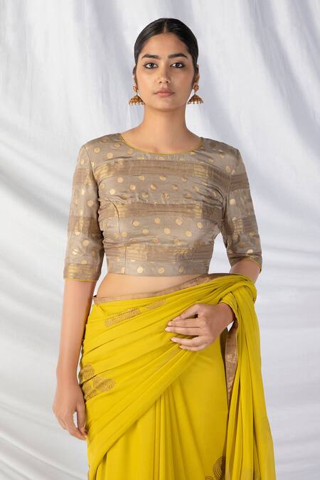 Shop_Latha Puttanna_Yellow Georgette, Silk Embroidery, Sequins, Zari, Diamonds Floral Saree Set_Online_at_Aza_Fashions