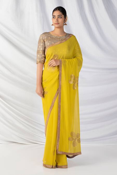 Latha Puttanna_Yellow Georgette, Silk Embroidery, Sequins, Zari, Diamonds Floral Saree Set_at_Aza_Fashions
